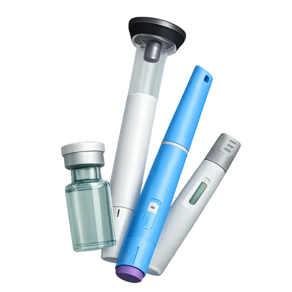 GLP-1 medication formats: two injection pens, an autoinjector, and a small multi-dose vial
